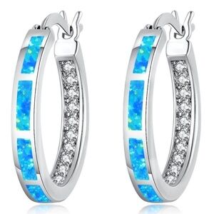 14K White Gold Plated Genuine Blue Fire Opal and Diamond CZ Round Hoop Earrings